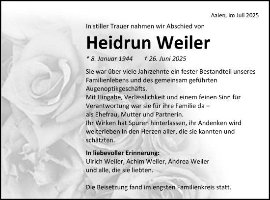 Traueranzeige von Heidrun Weiler von Schwäbische Post