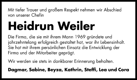 Traueranzeige von Heidrun Weiler von Schwäbische Post