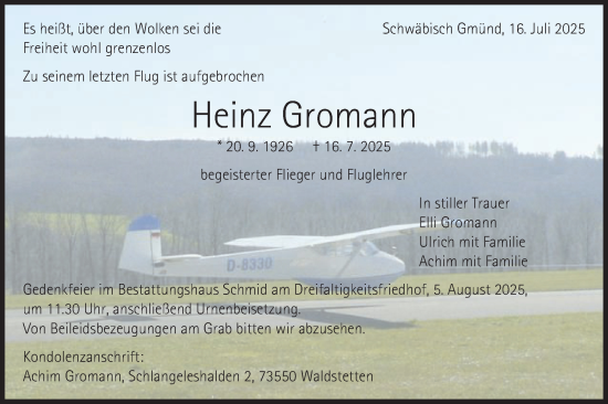 Traueranzeige von Heinz Gromann von Gmünder Tagespost