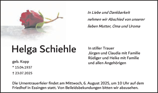 Traueranzeige von Helga Schiehle von Schwäbische Post