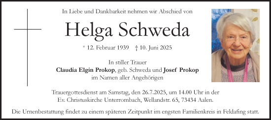 Traueranzeige von Helga Schweda von Schwäbische Post
