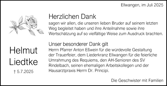 Traueranzeige von Helmut Liedtke von Schwäbische Post