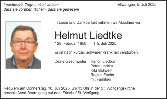 Traueranzeige von Helmut Liedtke von Schwäbische Post
