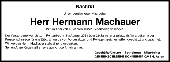 Traueranzeige von Hermann Machauer von Schwäbische Post