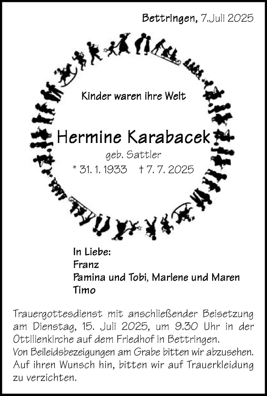 Traueranzeige von Hermine Karabacek von Gmünder Tagespost