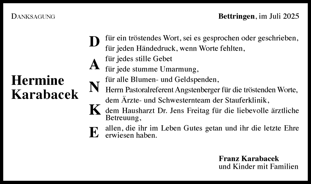  Traueranzeige für Hermine Karabacek vom 18.07.2025 aus Gmünder Tagespost
