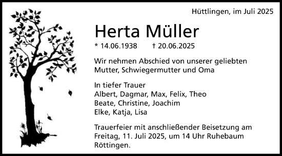 Traueranzeige von Herta Müller von Schwäbische Post
