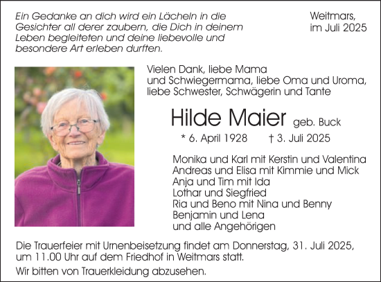 Traueranzeige von Hilde Maier von Gmünder Tagespost