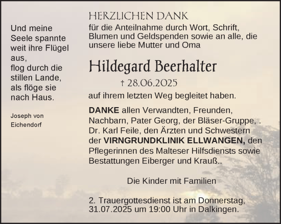 Traueranzeige von Hildegard Beerhalter von Schwäbische Post