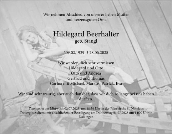 Traueranzeige von Hildegard Beerhalter von Schwäbische Post