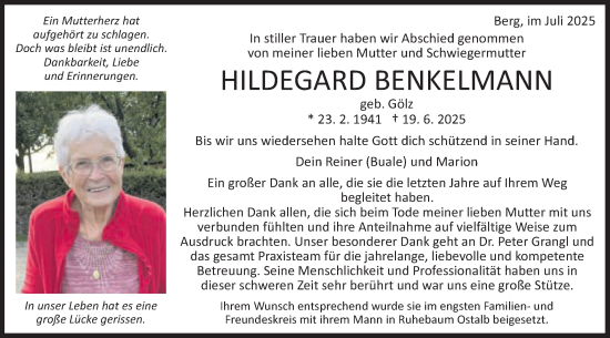 Traueranzeige von Hildegard Benkelmann von Schwäbische Post