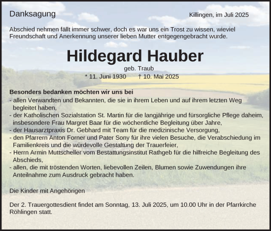 Traueranzeige von Hildegard Hauber von Schwäbische Post
