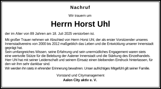 Traueranzeige von Horst Uhl von Schwäbische Post