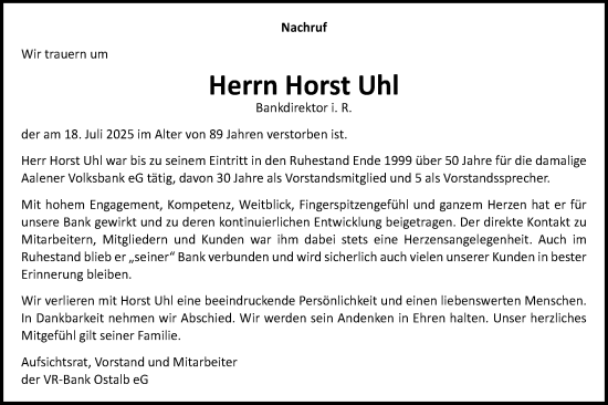 Traueranzeige von Horst Uhl von Schwäbische Post