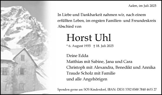 Traueranzeige von Horst Uhl von Schwäbische Post