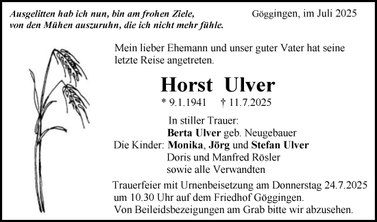 Traueranzeige von Horst Ulver von Gmünder Tagespost