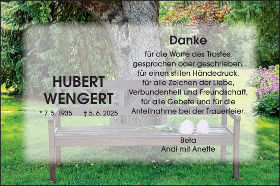 Traueranzeige von Hubert Wengert von Gmünder Tagespost