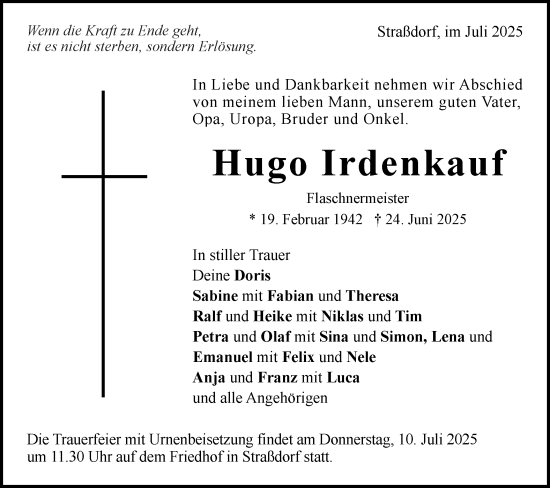 Traueranzeige von Hugo Irdenkauf von Gmünder Tagespost