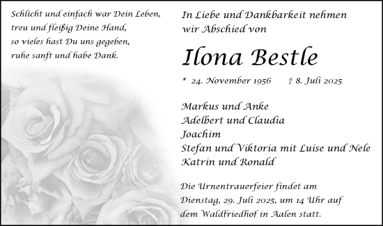 Traueranzeige von Ilona Bestle von Schwäbische Post