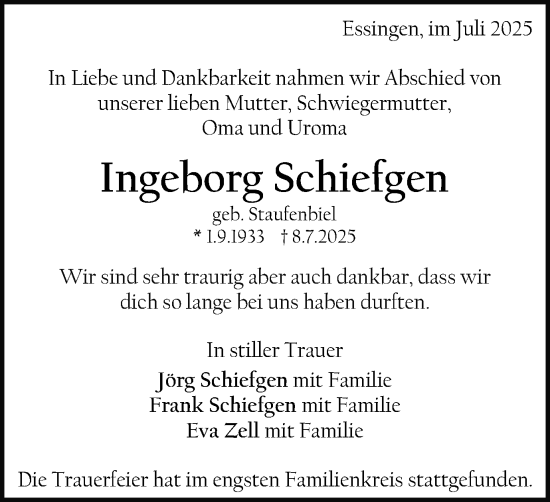 Traueranzeige von Ingeborg Schiefgen von Schwäbische Post
