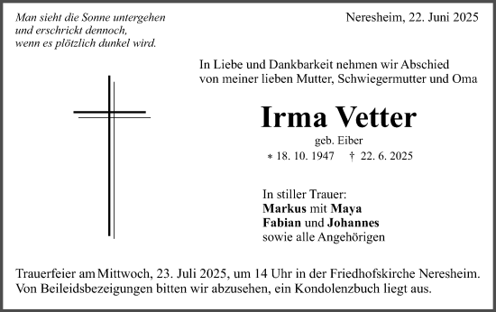 Traueranzeige von Irma Vetter von Schwäbische Post