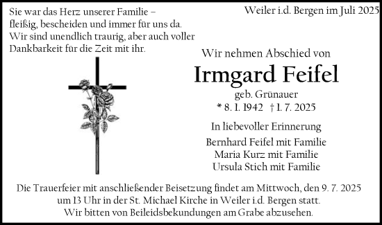 Traueranzeige von Irmgard Feifel von Gmünder Tagespost
