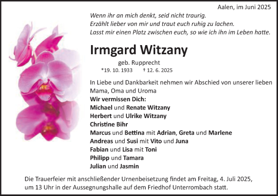 Traueranzeige von Irmgard Witzany von Schwäbische Post