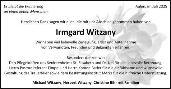 Traueranzeige von Irmgard Witzany von Schwäbische Post
