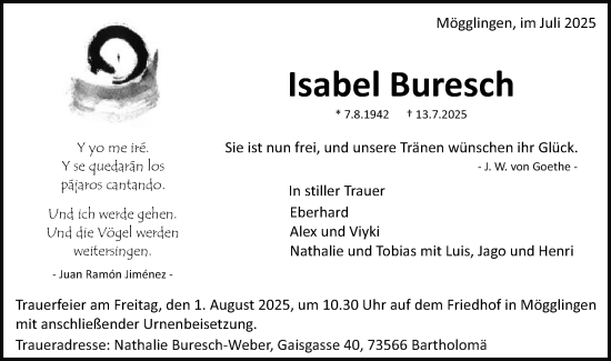 Traueranzeige von Isabel Buresch von Gmünder Tagespost