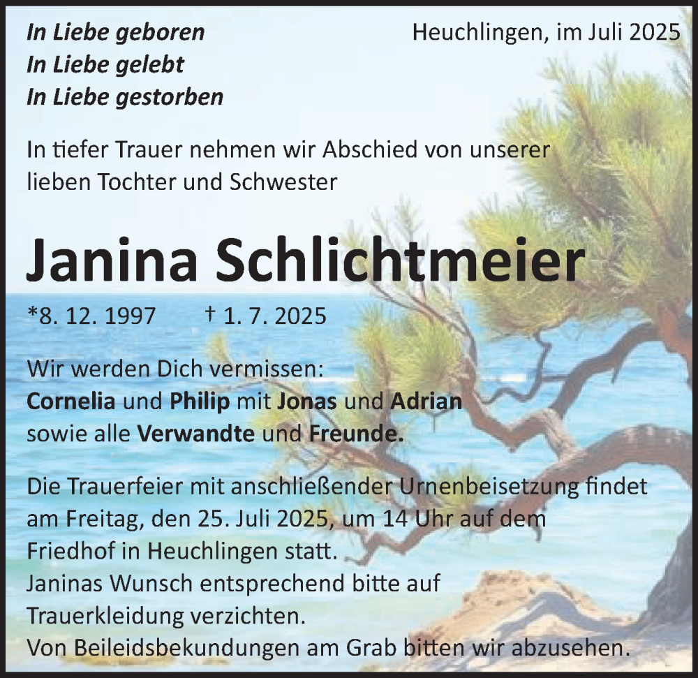 Traueranzeige für Janina Schlichtmeier vom 22.07.2025 aus Gmünder Tagespost