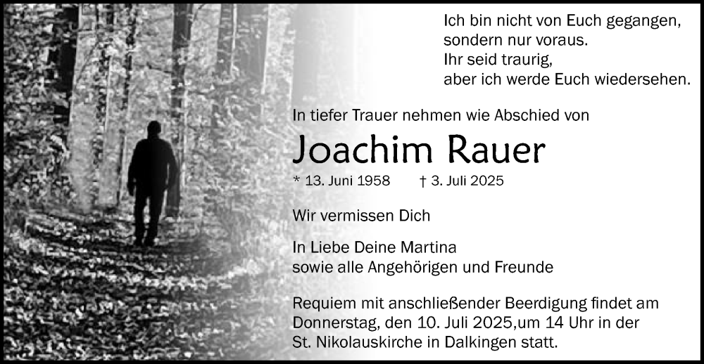  Traueranzeige für Joachim Rauer vom 08.07.2025 aus Schwäbische Post