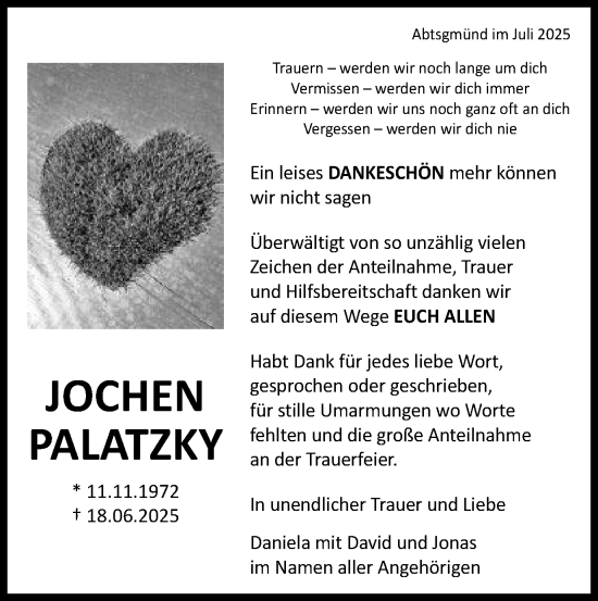 Traueranzeige von Jochen Palatzky von Schwäbische Post