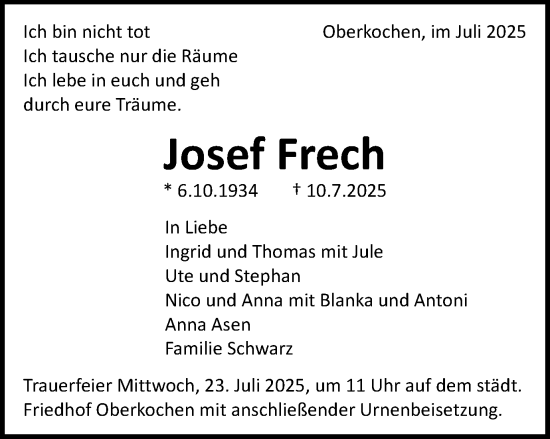 Traueranzeige von Josef Frech von Schwäbische Post