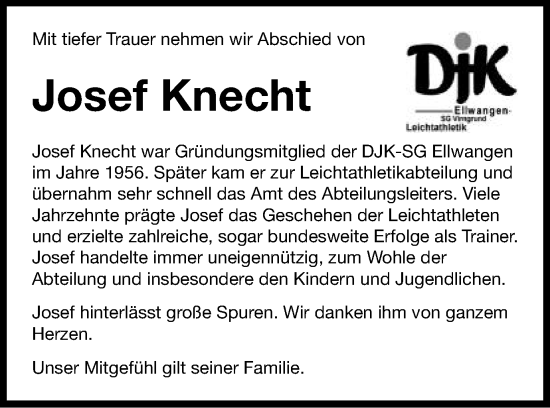 Traueranzeige von Josef Knecht von Schwäbische Post