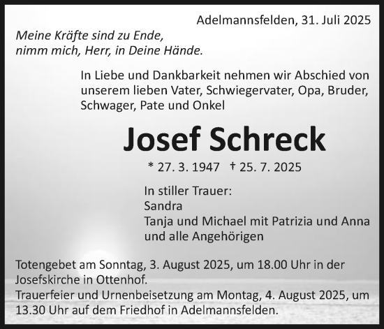 Traueranzeige von Josef Schreck von Schwäbische Post