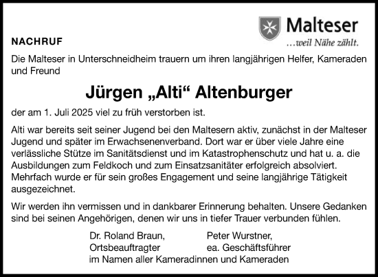 Traueranzeige von Jürgen Altenburger von Schwäbische Post