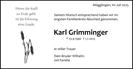 Traueranzeige von Karl Grimminger von Gmünder Tagespost