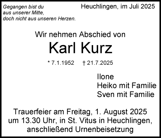 Traueranzeige von Karl Kurz von Gmünder Tagespost