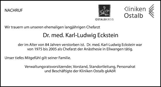 Traueranzeige von Karl-Ludwig Eckstein von Schwäbische Post