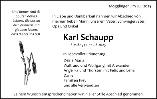 Traueranzeige von Karl Schaupp von Gmünder Tagespost