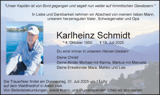 Traueranzeige von Karlheinz Schmidt von Schwäbische Post