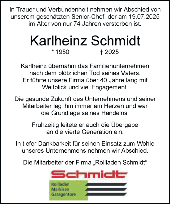 Traueranzeige von Karlheinz Schmidt von Schwäbische Post