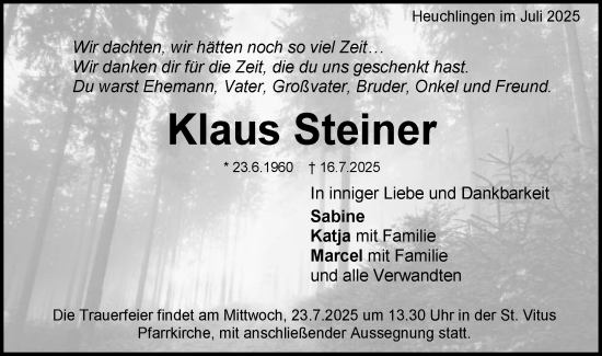 Traueranzeige von Klaus Steiner von Gmünder Tagespost