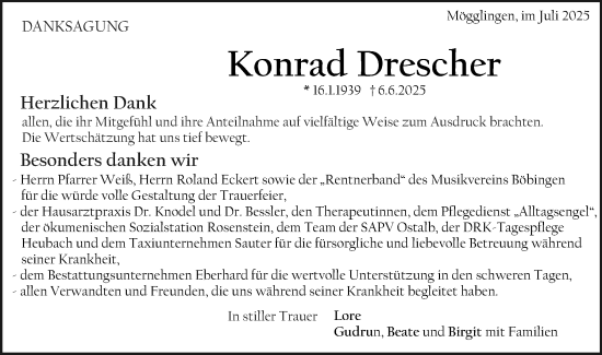 Traueranzeige von Konrad Drescher von Gmünder Tagespost