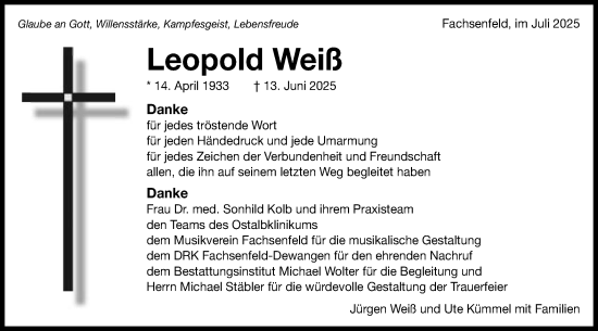 Traueranzeige von Leopold Weiß von Schwäbische Post