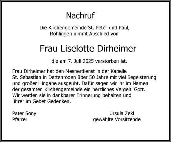 Traueranzeige von Liselotte Dirheimer von Schwäbische Post