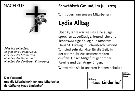 Traueranzeige von Lydia Alltag von Gmünder Tagespost