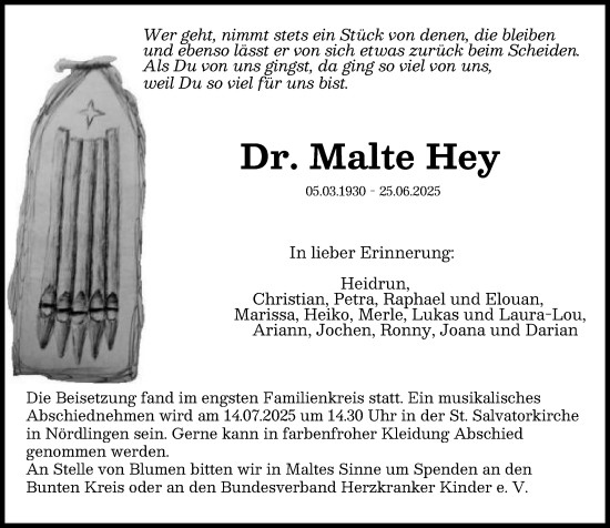 Traueranzeige von Malte Hey von Schwäbische Post