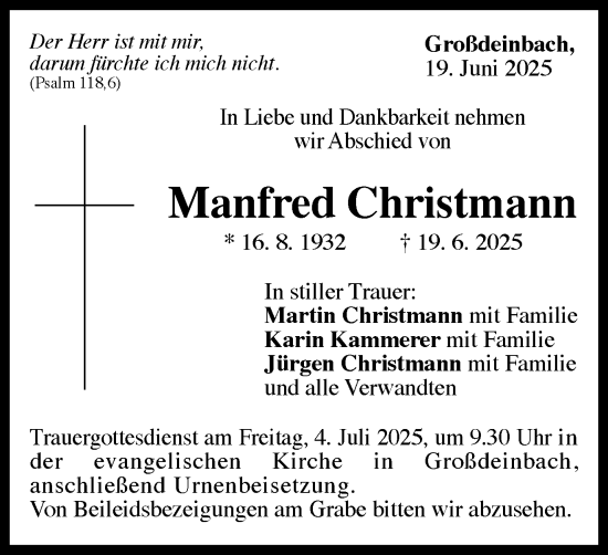 Traueranzeige von Manfred Christmann von Gmünder Tagespost