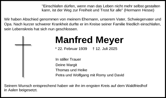 Traueranzeige von Manfred Meyer von Schwäbische Post